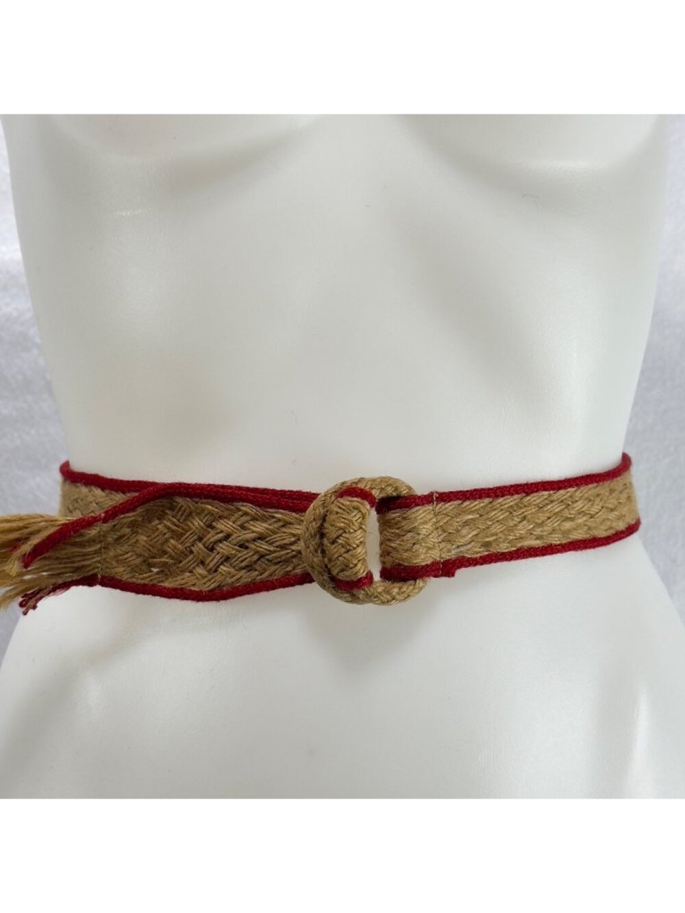 Handwoven Natural Jute Belt With Red Trim & Tassel Ends Women's